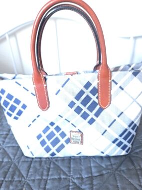 Dooney & Bourke Navy Plaid Tote with Brown Leather Handles